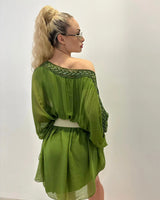 Sophia Italian Silk Mini Dress (Lime) full body look paired with heels and accessories