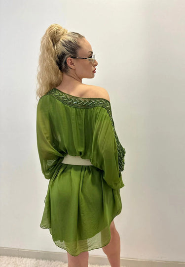 Sophia Italian Silk Mini Dress (Lime) full body look paired with heels and accessories