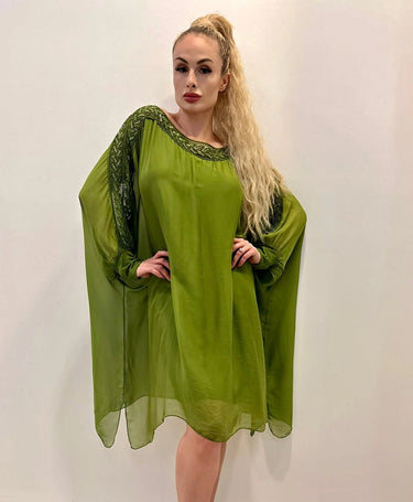 Sophia Italian Silk Mini Dress (Lime) close up detail of silk design