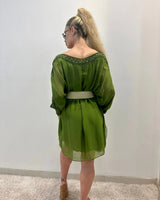 Sophia Italian Silk Mini Dress (Lime) showing dress construction and fit details