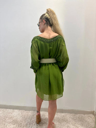 Sophia Italian Silk Mini Dress (Lime) showing dress construction and fit details