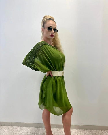 Sophia Italian Silk Mini Dress (Lime) side view highlighting short hemline
