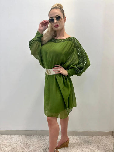 Elegant Lime silk mini dress on model styled for going out
