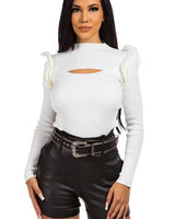 white ruffle knit top front view
