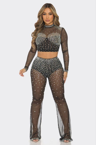 Sparkle Elegance Rhinestone Pants Set (Black) - Palazzo Couture Online
