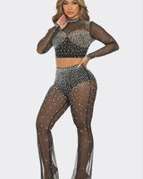 Sparkle Elegance Rhinestone Pants Set (Black) - Palazzo Couture Online