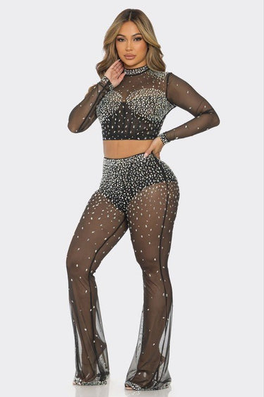Sparkle Elegance Rhinestone Pants Set (Black) - Palazzo Couture Online