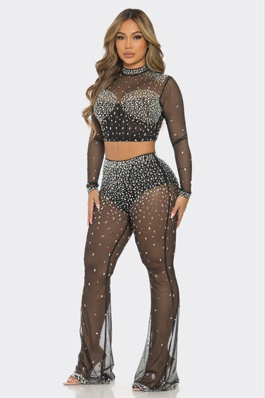 Sparkle Elegance Rhinestone Pants Set (Black) - Palazzo Couture Online