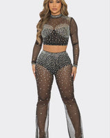 Sparkle Elegance Rhinestone Pants Set (Black) - Palazzo Couture Online