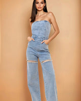 Sparkle Trim Strapless Denim Jumpsuit - Light Wash - elegant jumpsuit for parties and events