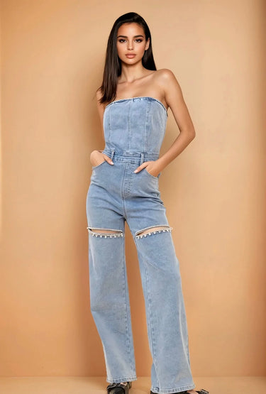 Sparkle Trim Strapless Denim Jumpsuit - Light Wash - elegant jumpsuit for parties and events