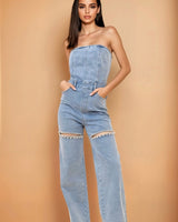 Sparkle Trim Strapless Denim Jumpsuit - Light Wash - Palazzo Couture Online
