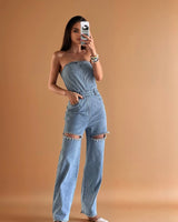Sparkle Trim Strapless Denim Jumpsuit - Light Wash - Palazzo Couture Online