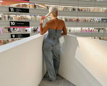 Sparkle Trim Strapless Denim Jumpsuit - Light Wash - Palazzo Couture Online