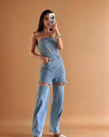 Sparkle Trim Strapless Denim Jumpsuit - Light Wash - trendy women's jumpsuit