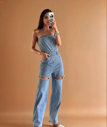 Sparkle Trim Strapless Denim Jumpsuit - Light Wash - trendy women's jumpsuit