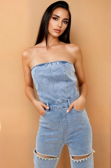 Sparkle Trim Strapless Denim Jumpsuit - Light Wash - chic one-piece by Palazzo Couture