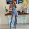 Sparkle Trim Strapless Denim Jumpsuit - Light Wash for women - stylish jumpsuit by Palazzo Couture
