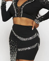 Special Meetings Black Skirt Set with Rhinestone Crop Top side view showing skirt silhouette and fit