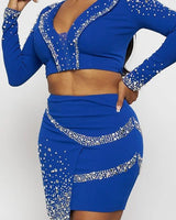 Special Meetings Blue Skirt Set with Rhinestone Crop Top showing coordinated top and skirt construction