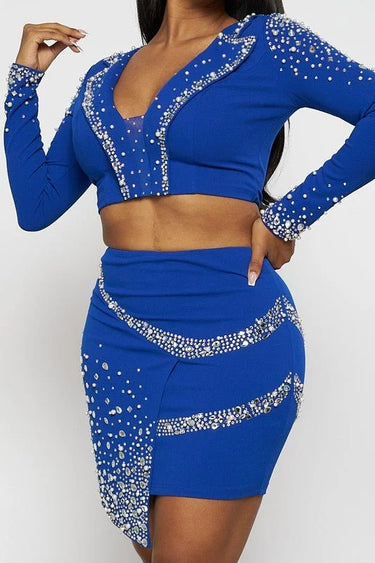 Special Meetings Blue Skirt Set with Rhinestone Crop Top showing coordinated top and skirt construction