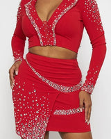 Special Meetings Red Skirt Set with Rhinestone Crop Top showing coordinated top and skirt construction