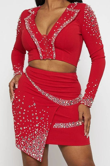 Special Meetings Red Skirt Set with Rhinestone Crop Top showing coordinated top and skirt construction