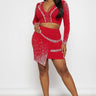 Special Meetings Red Skirt Set with Rhinestone Crop Top front view showing complete two piece skirt set