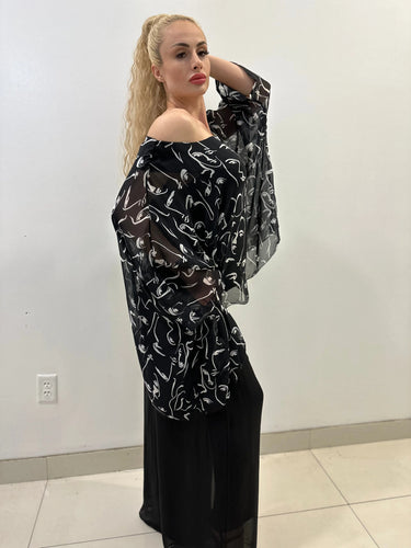Splendida Silky Italian Black Blouse close up of elegant fabric and sleeve detail