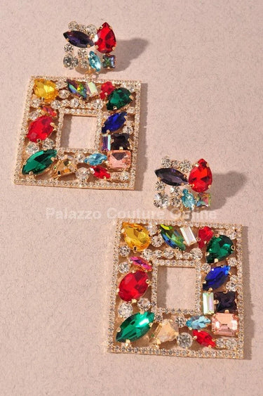 Square Dangle Earrings with Multi Stone Crystal Embellishments for women - fashion jewelry by Palazzo Couture