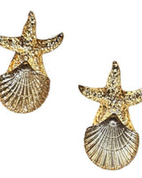 gold-plated earrings, adorned with a starfish, shell, and pearls. Perfect for coastal chic styles.