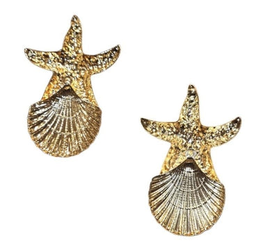 gold-plated earrings, adorned with a starfish, shell, and pearls. Perfect for coastal chic styles.