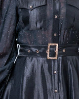Starlight Elegance Rhinestone Mini Dress in Black side view highlighting short hemline