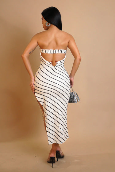 Starlight Sequin Stripe Knit Midi Dress - Cream / Black - Palazzo Couture Online