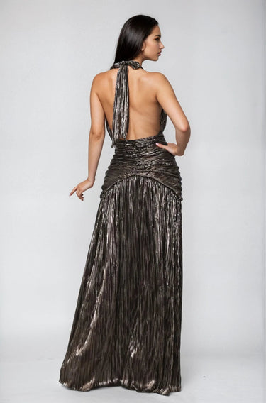 Starlit Bronze Metallic Halter Maxi Dress - Palazzo Couture Online