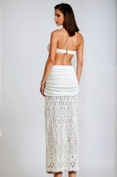 Elegant White crochet two piece skirt set styled for going out