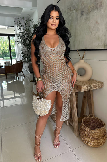 Starlit Mirage Crochet Midi Dress - Gold - Palazzo Couture Online