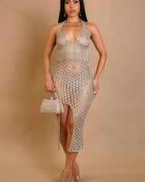 Starlit Mirage Crochet Midi Dress - Gold - Palazzo Couture Online