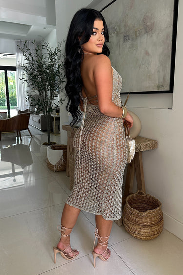 Starlit Mirage Crochet Midi Dress - Gold - Palazzo Couture Online