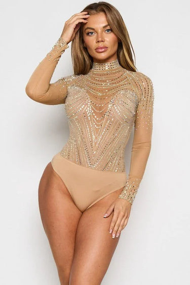 Stellar Dazzle Mesh Bodysuit (Nude) front view showing bodysuit silhouette and fit
