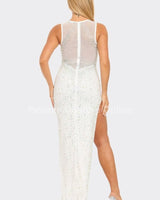 White formal gown with mesh contrast bodice