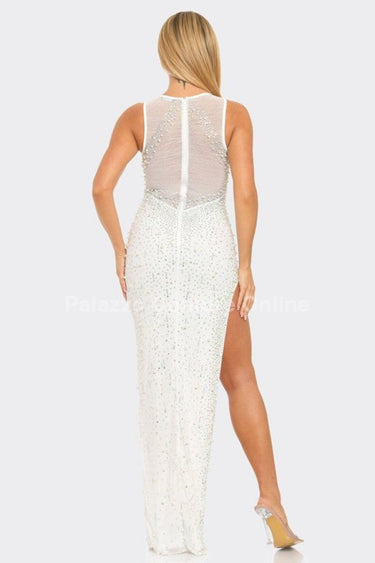 White formal gown with mesh contrast bodice