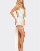 Back zipper white sequin formal dress
