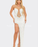 White sequin gown with rhinestone and pearl cutout detail