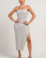 Strapless sequin stripe midi dress back view showing clasp hardware closure