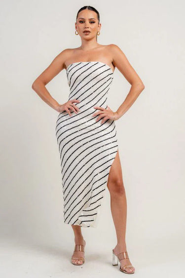 Strapless sequin stripe midi dress back view showing clasp hardware closure