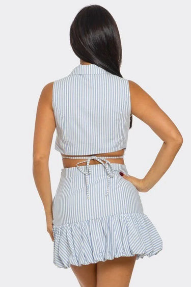 Women's Blue skirt set stripe style back view