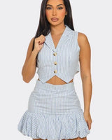 Striped Chic Vest Skirt Set
(Blue) front view showing complete two piece skirt set