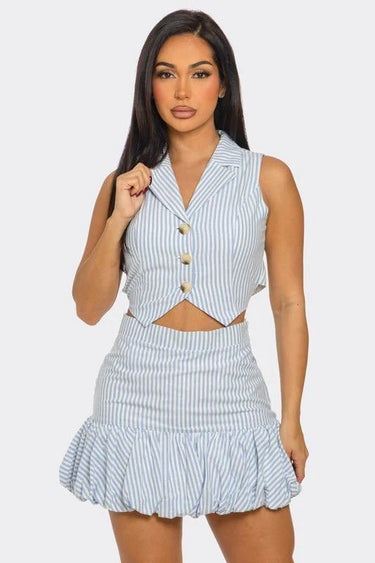 Striped Chic Vest Skirt Set
(Blue) close up of stripe top design and fabric