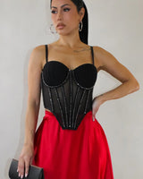 Luxe Sculpt Crystal-Trim Black Corset Top – Structured Glam Fit - front view